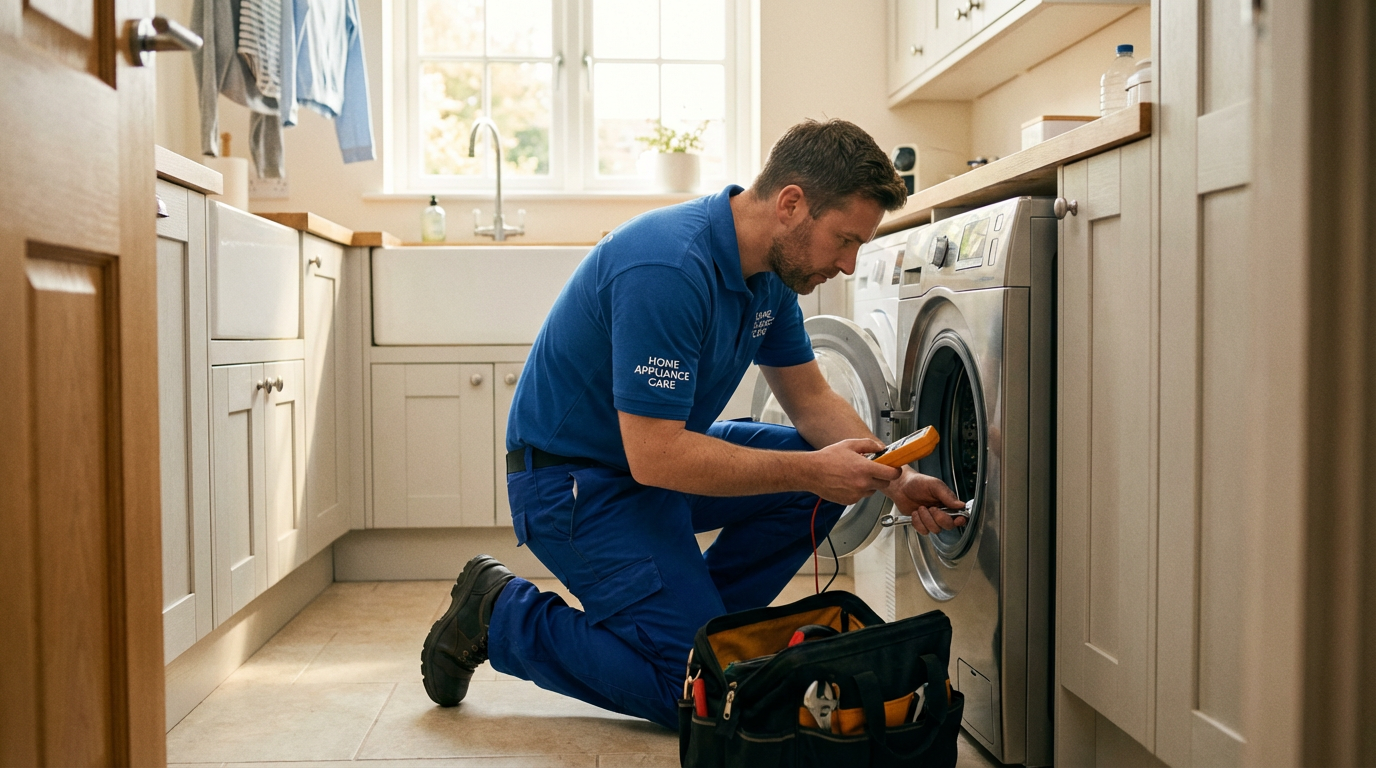 Professional appliance repair technician working on washing machine in Teesside home